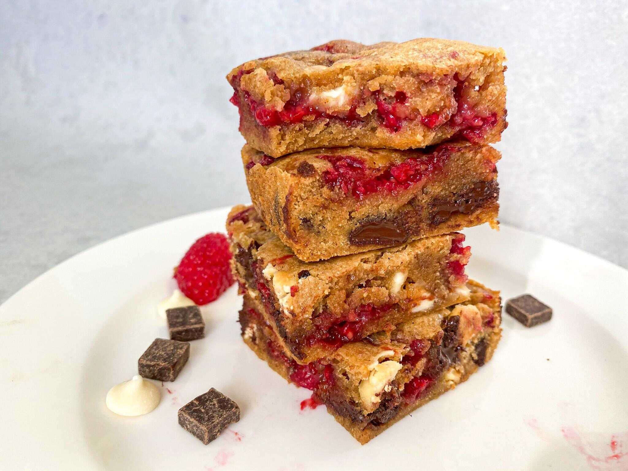Double Chocolate Raspberry Blondies 9 white chocolate dark chocolate bittersweet chocolate raspberry blondies