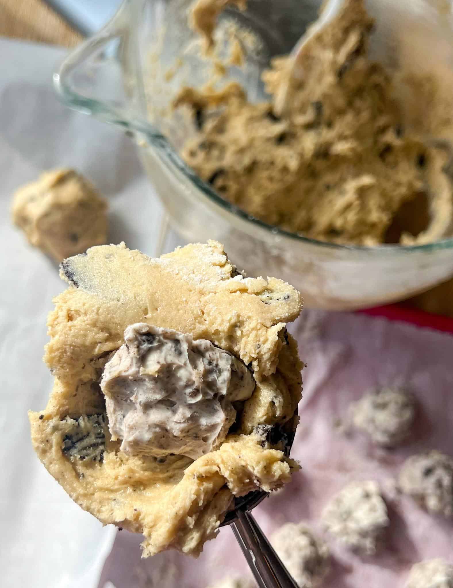 Oreo Cheesecake Cookies (Stuffed!) 9 Oreo Cheesecake Stuffed Cookies, Pre-Bakedscoop with the frozen cheesecake center revealed