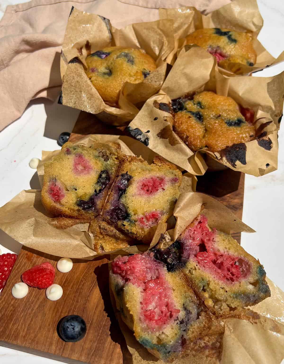 Raspberry Blueberry White Chocolate Muffins (red white and blue!) 6 Red White and Blue muffins with raspberries blueberries and white chocolate