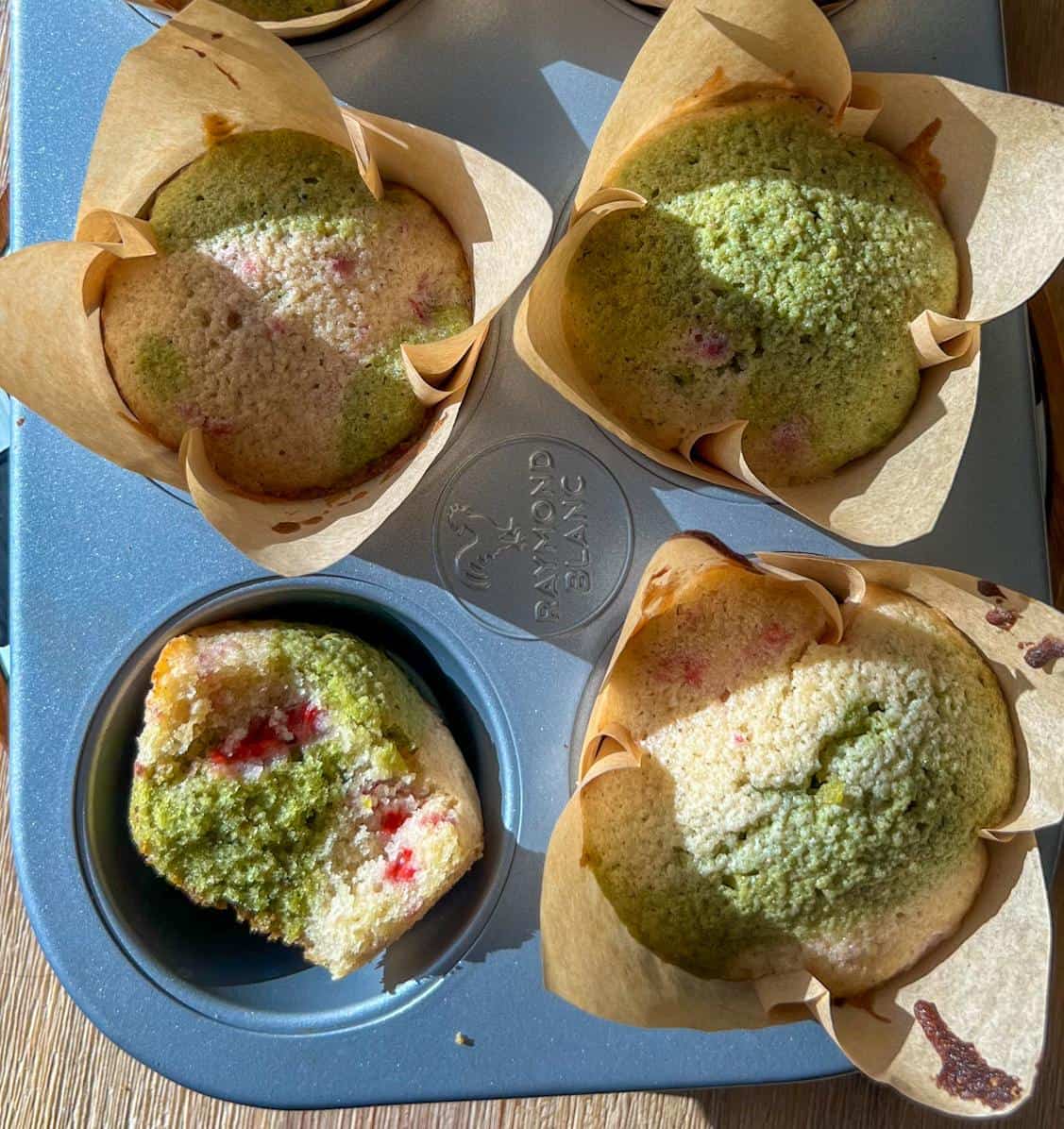 Matcha Pistachio Raspberry Rose Muffins 5 Baked muffins