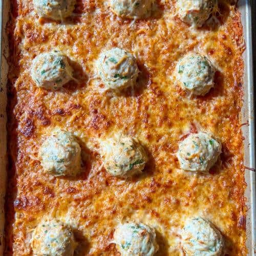 One-Pan Spaghetti Squash and Meatballs 7 sheet pan spaghetti squash marinara chicken meatballs and melted cheese