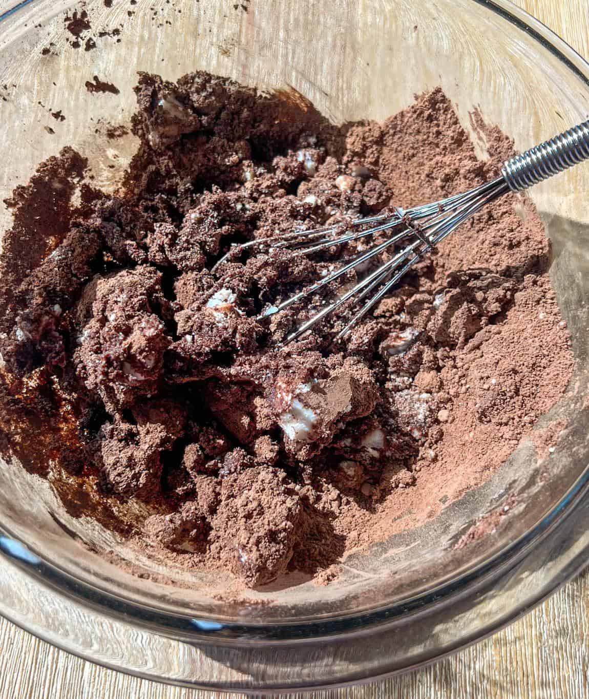 Almond Flour Chocolate Thumbprint Cookies 3 dry ingredients about to be mixed with wet ingredients.