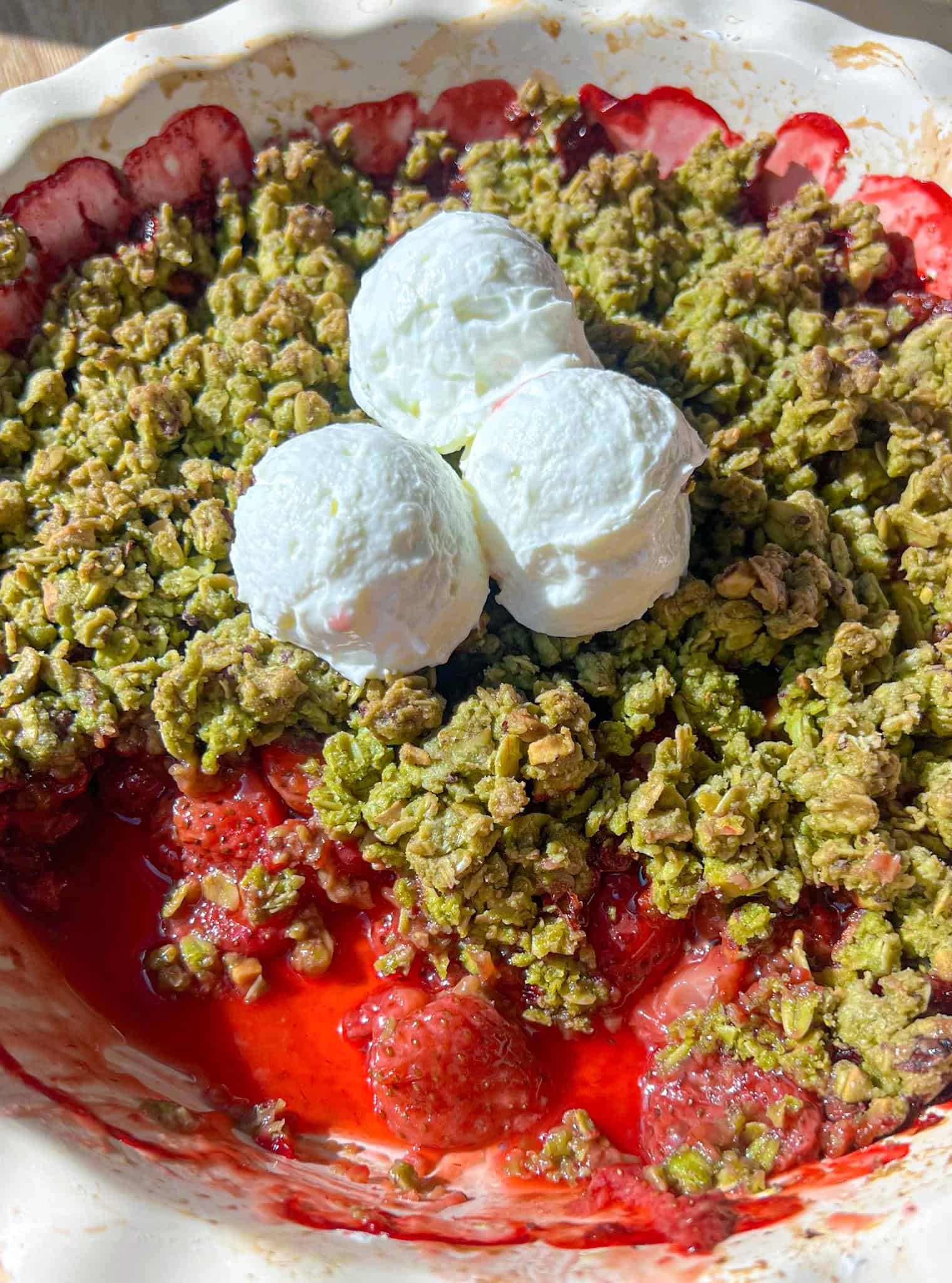Easy Strawberry Matcha Crisp 3 Easy strawberry matcha crisp crumble recipe with a scoop of ice cream or greek yogurt