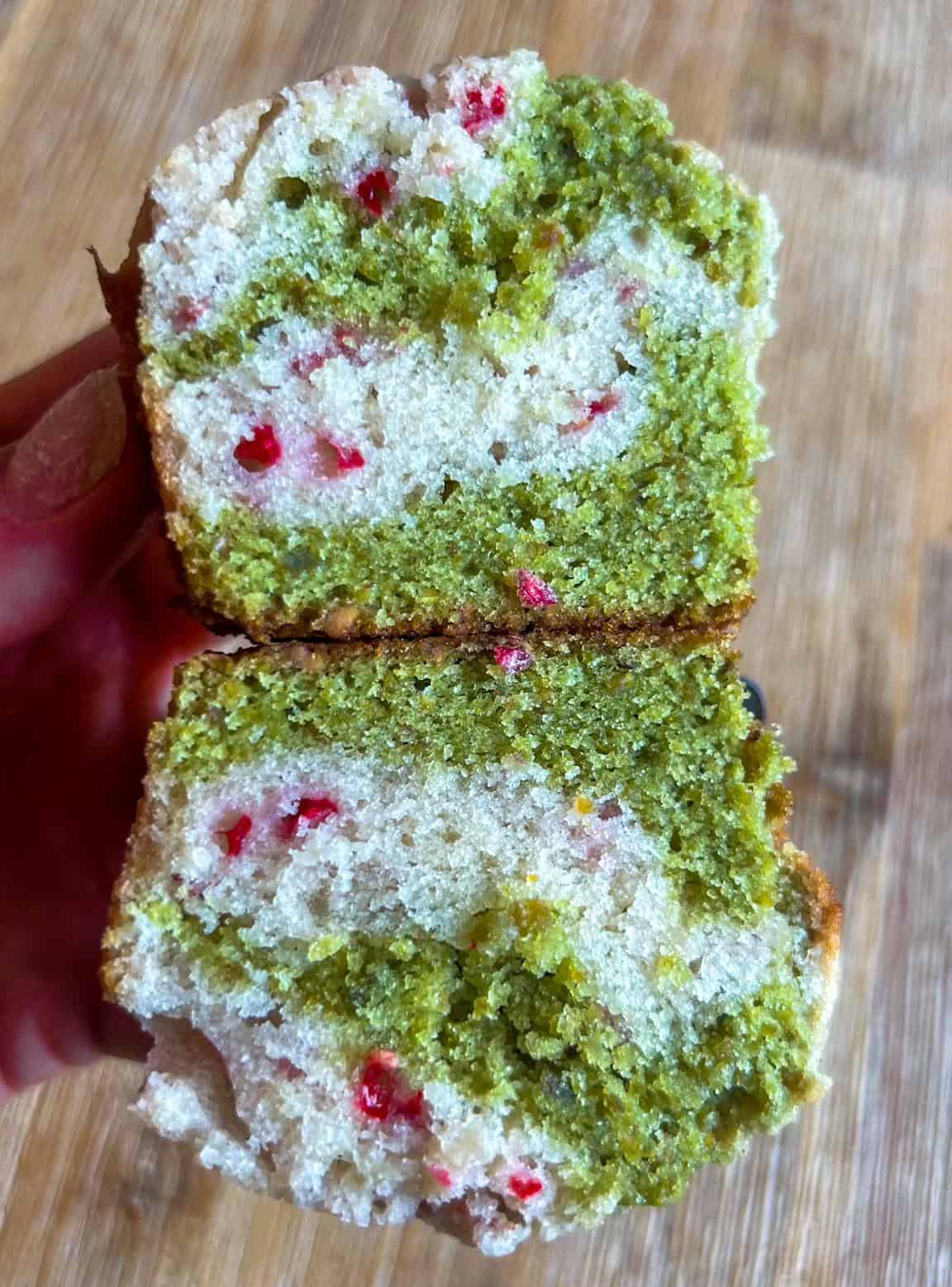 Matcha Pistachio Raspberry Rose Muffins 3 Cross section of