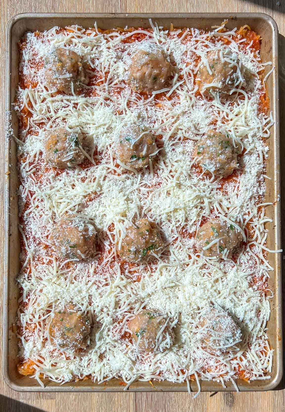 One-Pan Spaghetti Squash and Meatballs 5 cheese over sheet tray