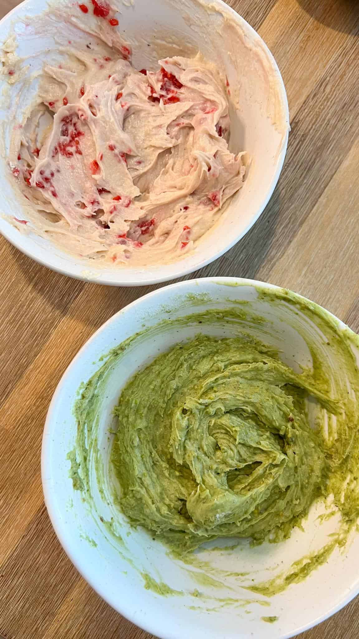 Matcha Pistachio Raspberry Rose Muffins 4 two batters swirl muffins