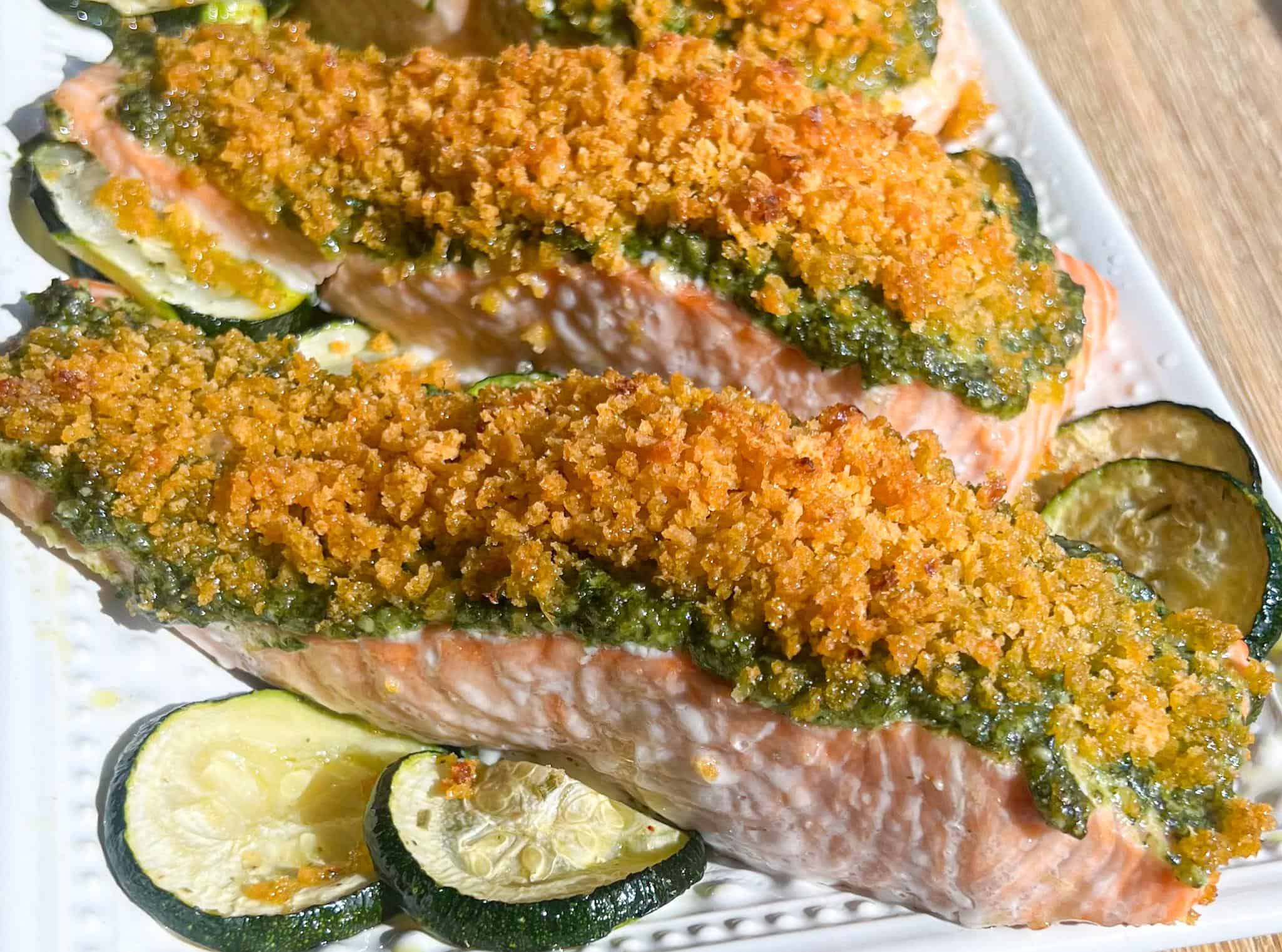 Pesto crusted lemon salmon to be served