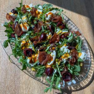 Summer Cherry and Burrata Salad 5 Summer cherry and burrata salad plated with all the toppings