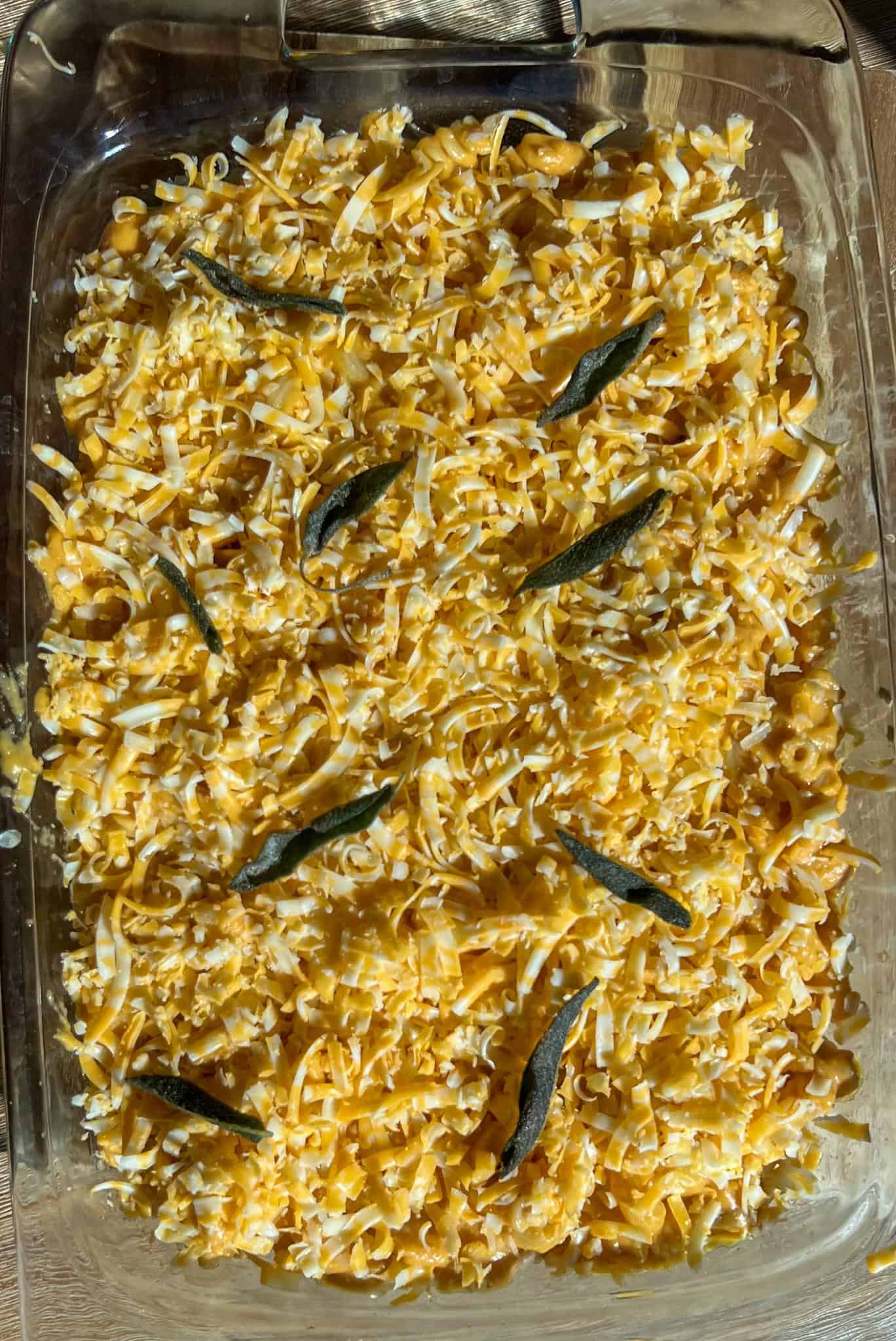 Baked Pumpkin Mac and Cheese 5 With a layer of cheese on top and some fried sage.