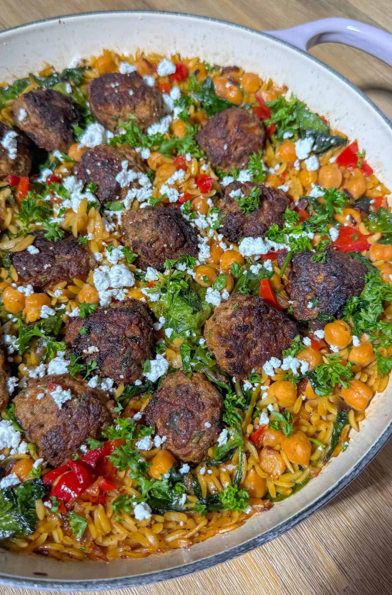 Harissa Lamb Meatballs with Orzo 3 harissa lamb meatballs orzo feta herbs veggies skillet recipe