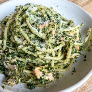 Salmon Pasta without Cream 8 Bowl of bucatini pasta noodles swirled up, coated the kale sauce and salmon without cream