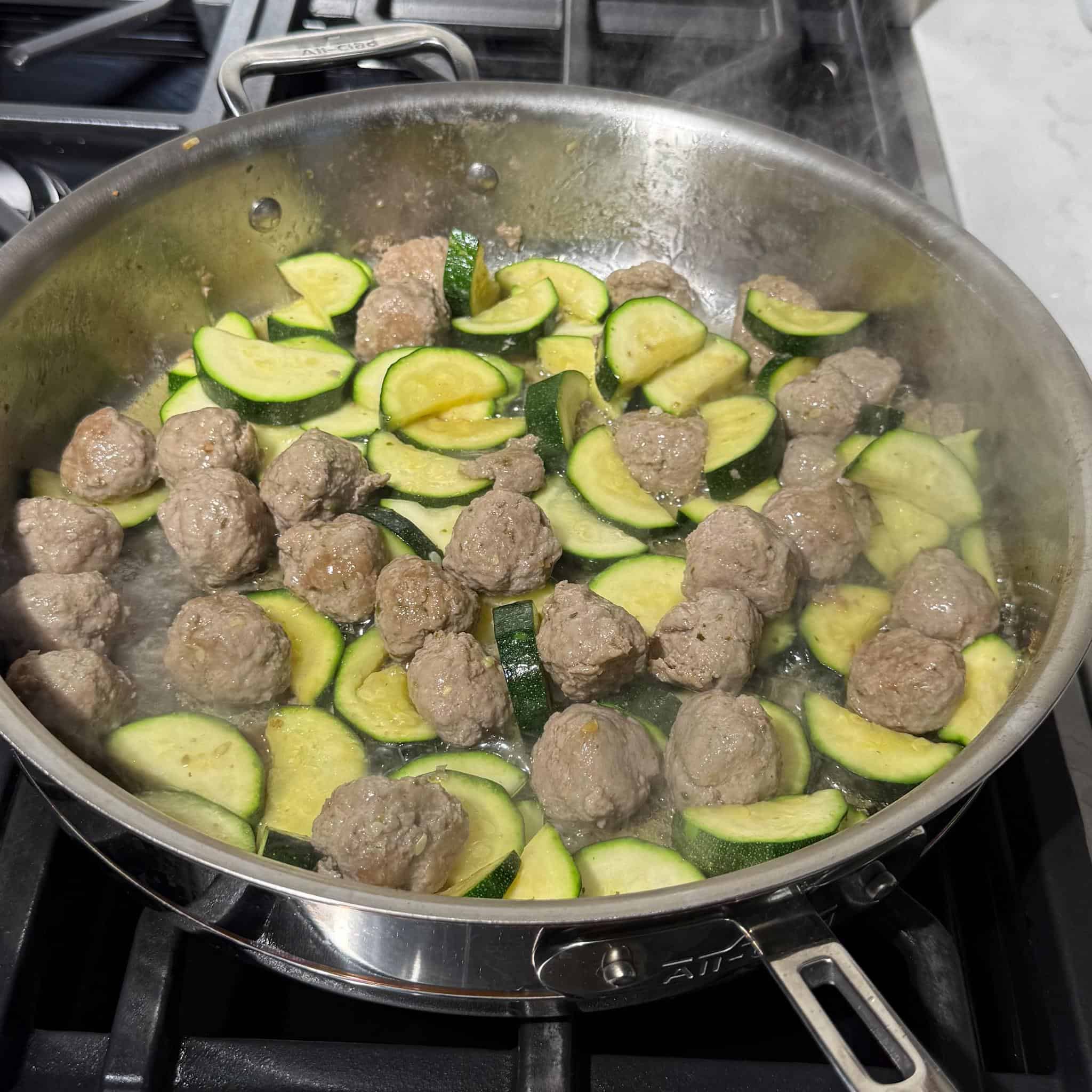 Healthy Pesto Gnocchi and Meatballs 6 Parcooked meatballs and zucchini stirred together