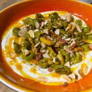 whipped feta dip with olives, caramelized lemons, honey, and orange zest