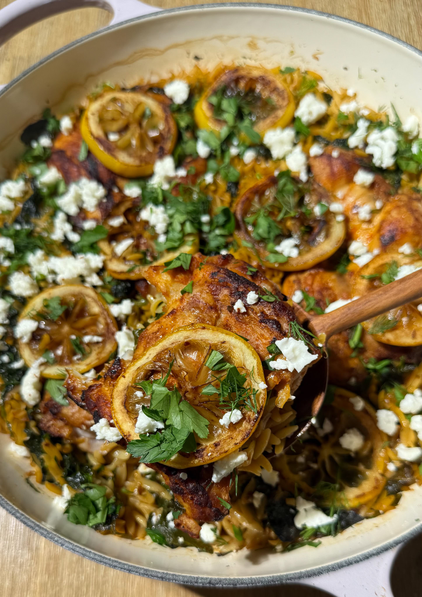 baked lemon chicken orzo feta herbs