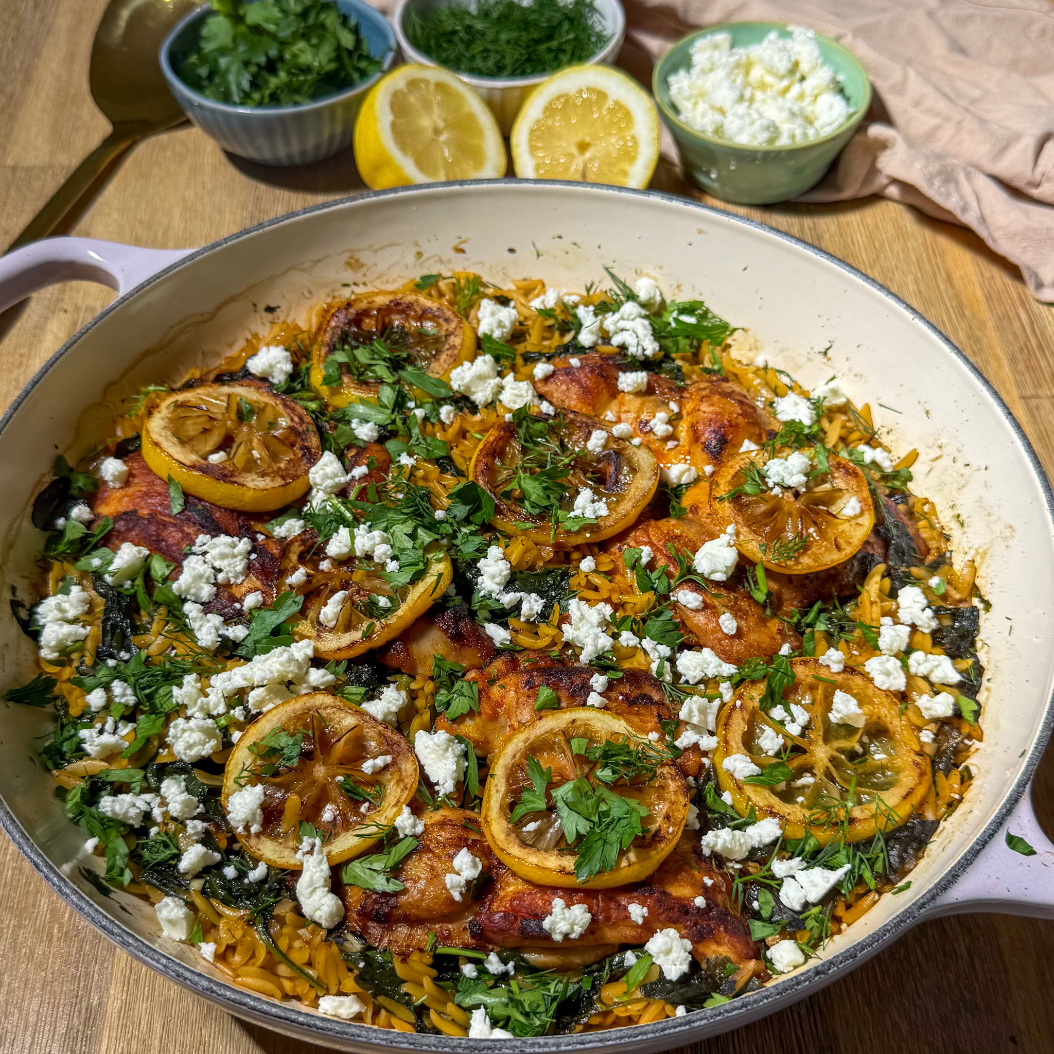 baked lemon chicken thighs orzo garnishes