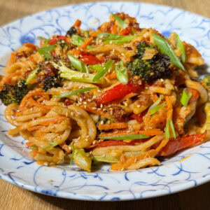 Plate of noodles with broccoli peppers and tofu, in a peanut sauce, with garnish