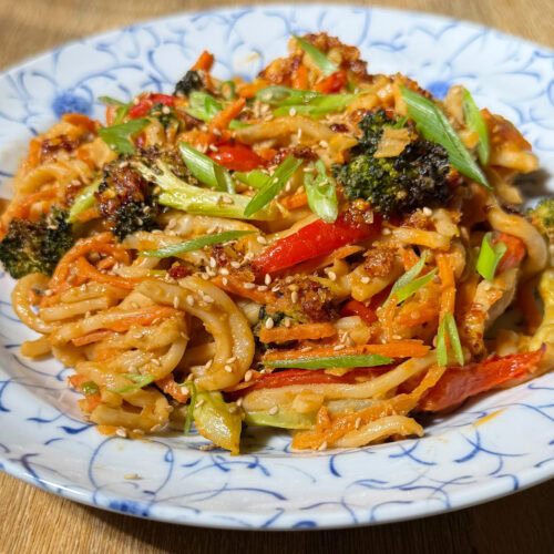 Rainbow Veggie Peanut Noodles 4 Plate of noodles with broccoli peppers and tofu, in a peanut sauce, with garnish