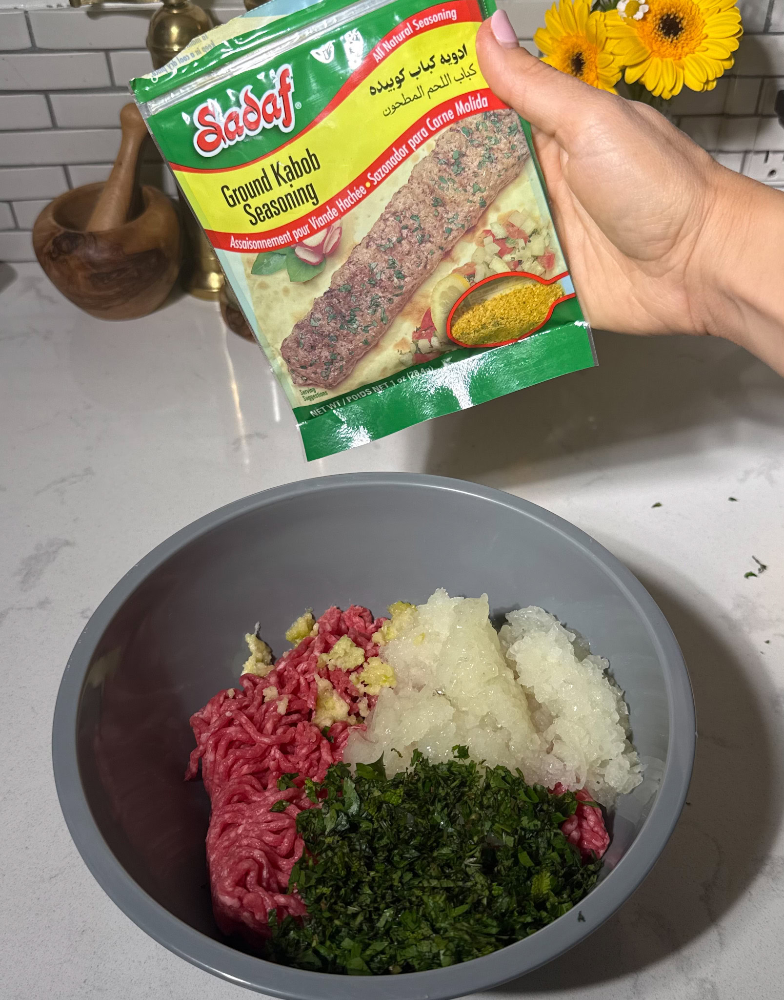 Ingredients and seasoning for Sheet-Pan Baked Koobideh Kabob