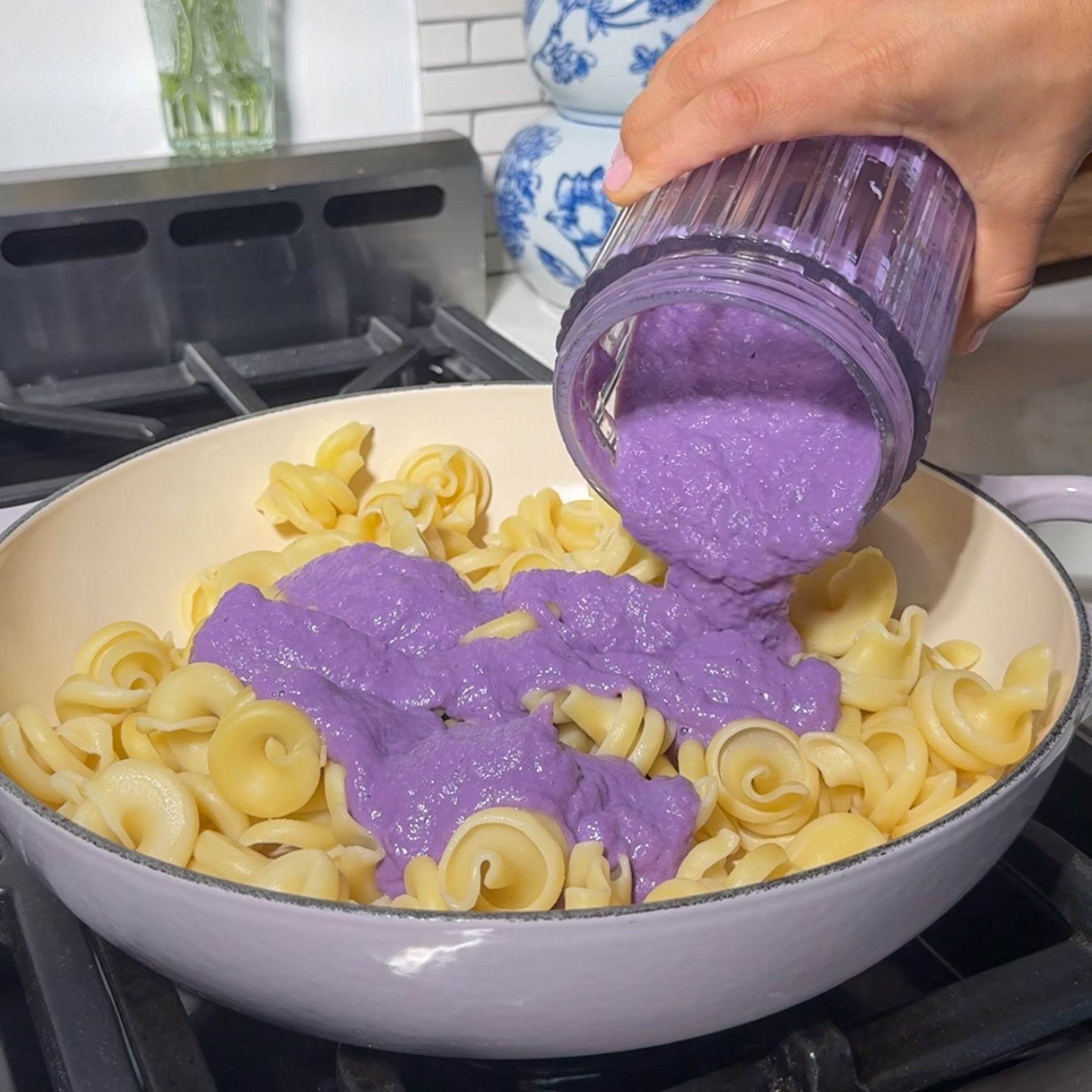 purple red cabbage sauce over pasta
