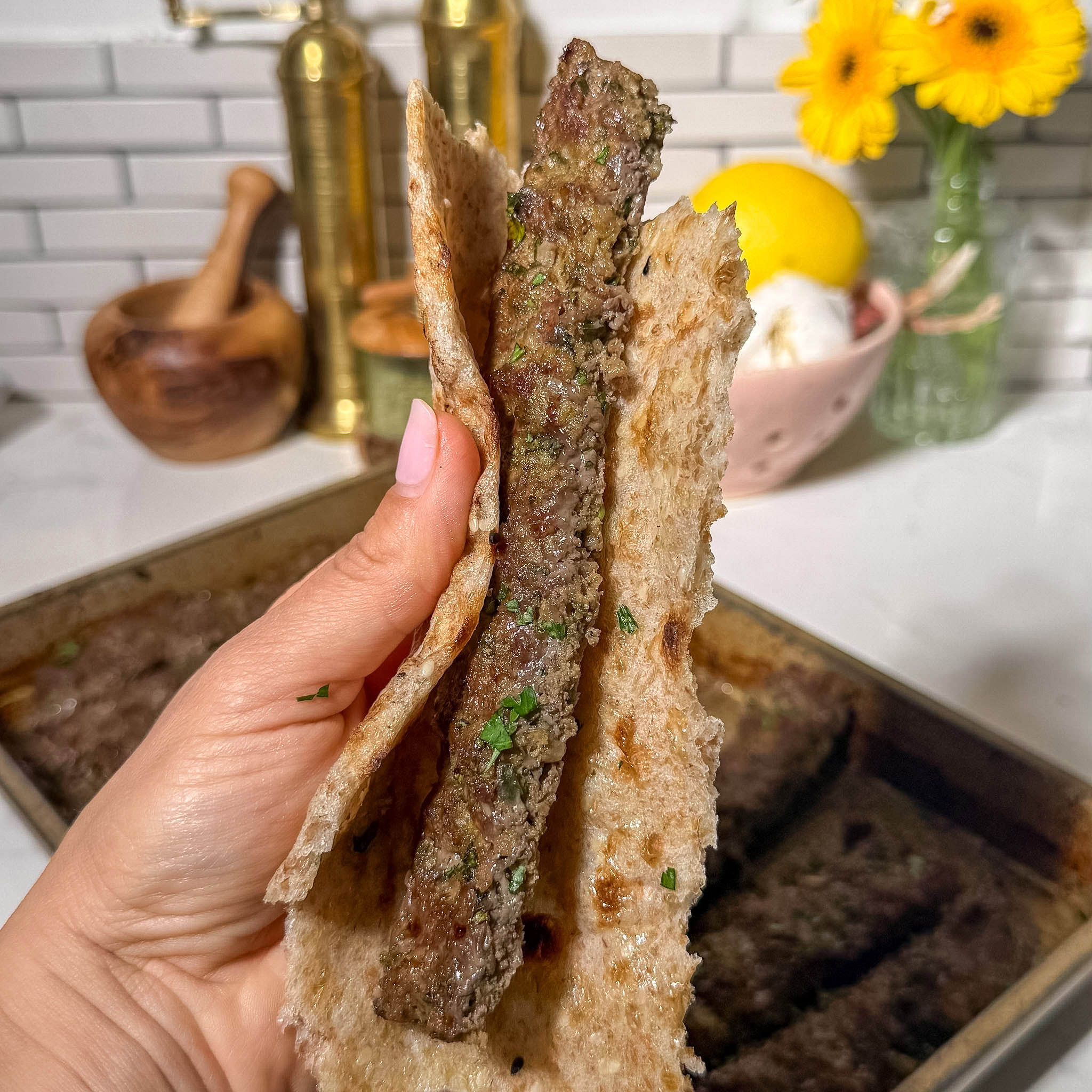 Sheet-Pan Baked Koobideh Kabob wrapped in sangak bread