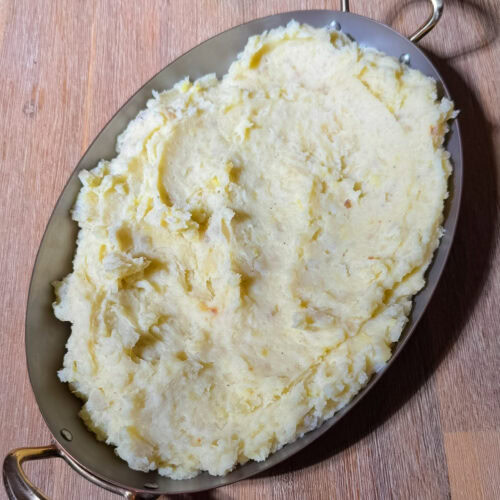 Plated no-boil-mashed potatoes on a table